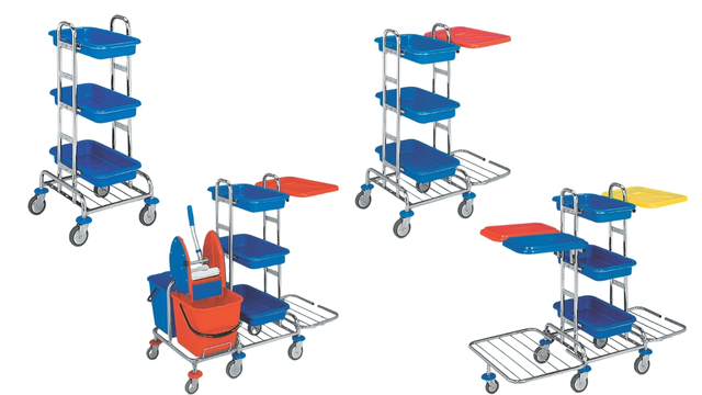 Kombinované servisní vozíky KOMBI MINI – zleva KOMBI MINI I, KOMBI MINI III, KOMBI MINI II a KOMBI MINI PLUS.