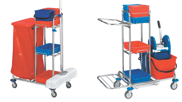 Kombinované úklidové vozíky KOMBI JOOKY – vlevo model KOMBI JOOKY I bez mopovací části, vpravo KOMBI JOOKY II s dvoukbelíkovým systémem a ždímačem SPL.