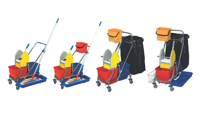 Úklidové vozíky Clarol Plus – vybrané modely I, II, V a VI s různou výbavou, košíky, kbelíky a držákem odpadního pytle.