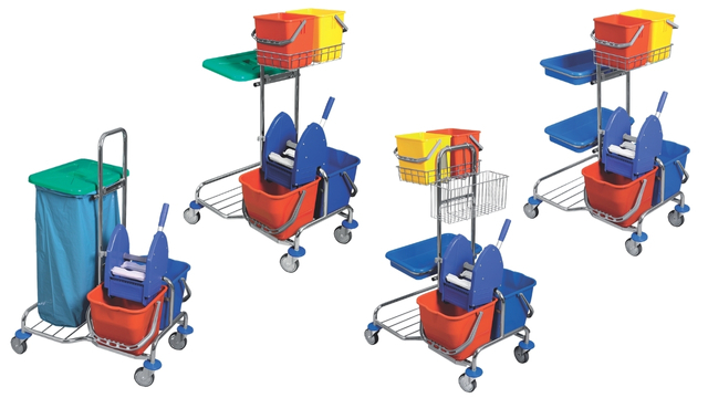 Úklidové vozíky JOOKY PICCOLO I–IV – čtyři kombinované dvoukbelíkové úklidové vozíky s 2×17l kbelíky, ždímačem SPL a různou výbavou pro čisticí prostředky, 6l kbelíky a vaničky KOMBI.