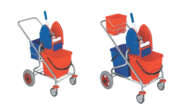 Schodišťové úklidové vozíky Rekord Metro – vlevo jednokbelíkový model 1×17 l, vpravo dvoukbelíkový model 2×17 l s velkými koly pro převoz po schodech.