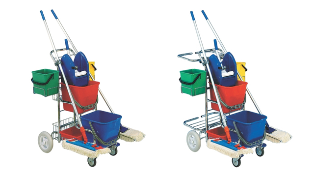 Úklidové vozíky TERRY LINE – vlevo model Terry Line I se zadními košíky, vpravo model Terry Line II s držákem 120l pytle na odpad.