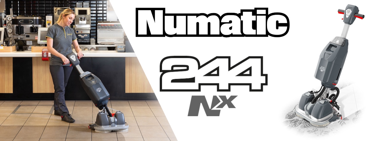Profesionální vertikální podlahový mycí stroj Numatic 244NX pro rychlé a efektivní čištění tvrdých podlah.